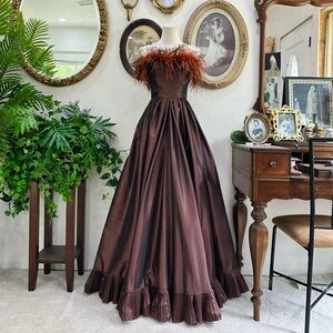 Victor Costa Chocolate Brown Strapless Feather-Trim Ball Gown